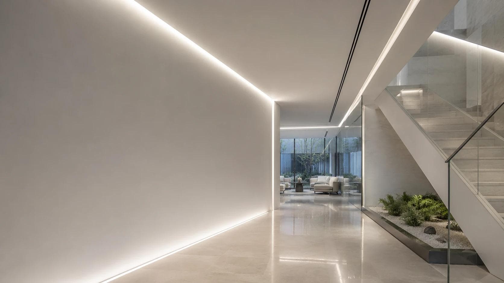 Architectural interior illuminated by integrated linear LED lighting